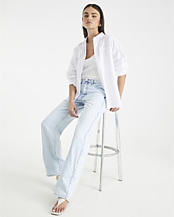 Blue High Rise Relaxed Straight Leg Jeans