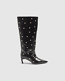 Black Faux Leather Studded High Leg Boots