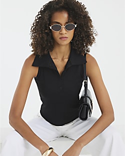 Black Sleeveless Button Up Polo Top