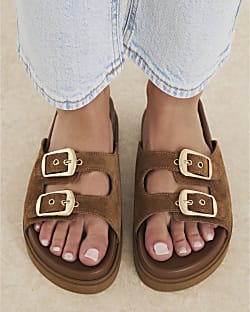 Brown Suede Double Strapped Footbed Sandals