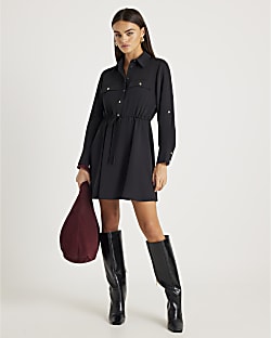 Black Long Sleeved Mini Shirt Dress