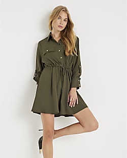 Khaki Long Sleeve Mini Shirt Dress