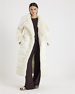 Cream Faux Fur Collar Padded Coat