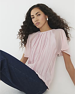 Pink Short Sleeve Pleated Hybrid T-shirt