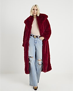 Red Maxi Faux Fur Coat