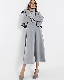 Grey Wool Blend Godet Skirt