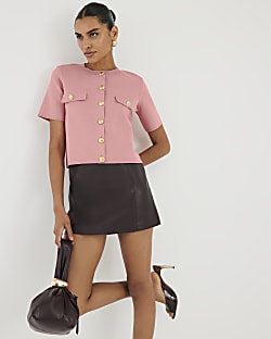 Pink Military Button Knit T-Shirt