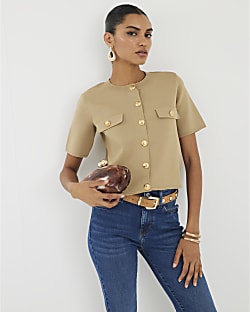 Brown Military Button Detail T-shirt