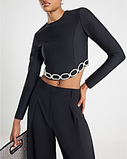 Black Diamante Chain Detail Cropped Top