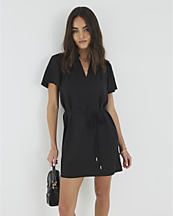 Black Belted Fluted Mini Dress