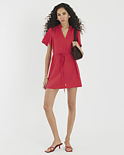 Red Belted Fluted Mini Dress