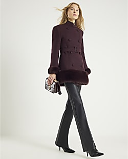 Red Faux Fur Trim Belted Coat