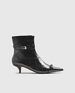 Black Croc Textured Kitten Heel Boots