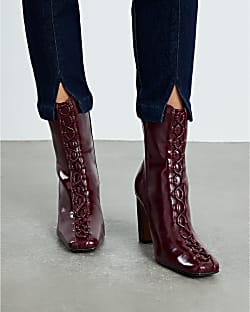 Red Lace Up Heeled Ankle Boots