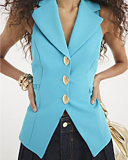 Blue Sleeveless Collared Elastic Waistcoat