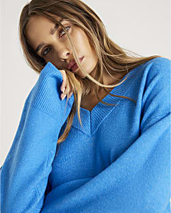 Blue Knitted V Neck Jumper