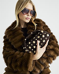 Brown Faux Suede Studded Cross Body Bag