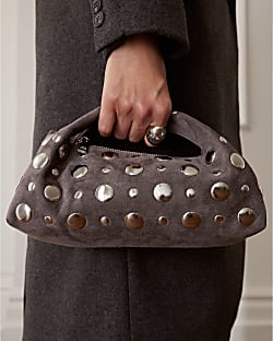 Grey Studded Faux suede Cross Body bag