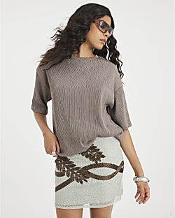 Brown Short Sleeve Oversized Texture T-shirt