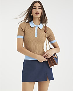 Brown Ribbed Short Sleeve Polo Top