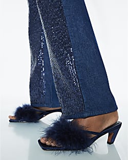 Blue Feather Kitten Heel Mules