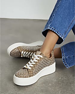 Beige Monogram Diamante Lace Up Trainers