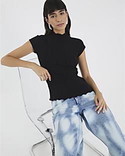 Black Short Sleeve Wide Ribbed Top