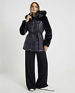 Black Faux Fur Hooded Panelled Padded Jacket