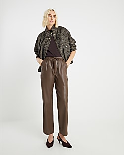 Brown Faux Leather Elasticated Waist Trousers