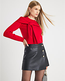 Black  Faux Leather Asymmetric Skort