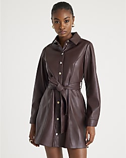 Red Faux Leather Belted Shirt Mini Dress