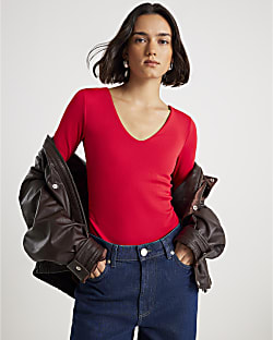 Red Long Sleeve V Neck Ruched Side Bodysuit
