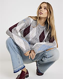 Grey Knitted Argyle Print Cardigan