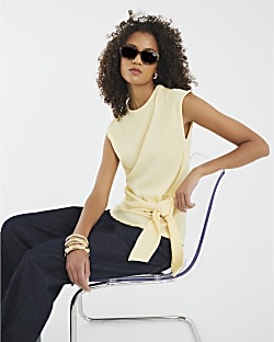 Yellow Short Sleeve Textured Tie Side Top