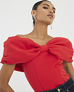 Red 3D Bow Bardot Top