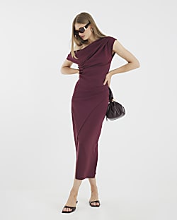 Purple Asymmetric Draped Wrap Midi Dress