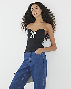 Black Diamante Bow Bandeau Top