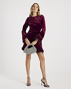 Red Velvet Long Sleeve Feather Trim Dress