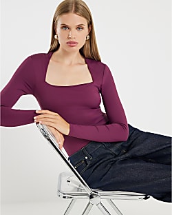 Red Long Sleeve Square Neck Bodysuit