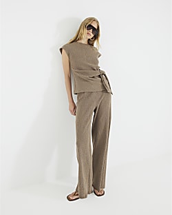 Brown Textured Wide Leg Trousers