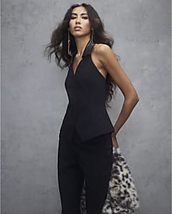 Black Halter Neck Tuxedo Top
