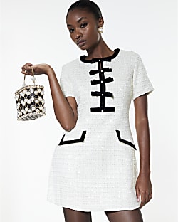 Cream Boucle Bow Front Mini Dress