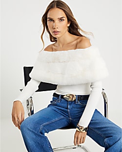 Cream Faux Fur Trim Bardot Jumper