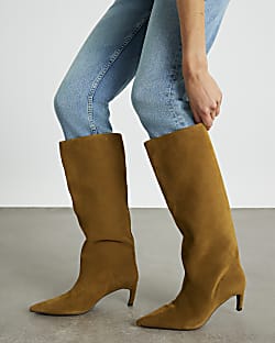Brown Suede Straight High Leg Boots