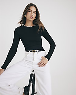 Black Long Sleeve Scallop Trim Top