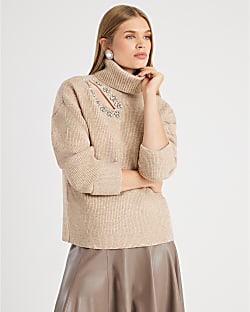 Brown Knitted Roll Neck Cut Out Jumper