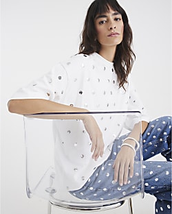 White Short Sleeve Studded T-shirt