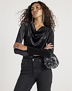 Black Velvet Long Sleeve Cowl Neck Bodysuit