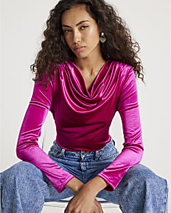 Pink Velvet Long Sleeve Cowl Neck Bodysuit