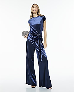 Navy Velvet Wide Leg Joggers